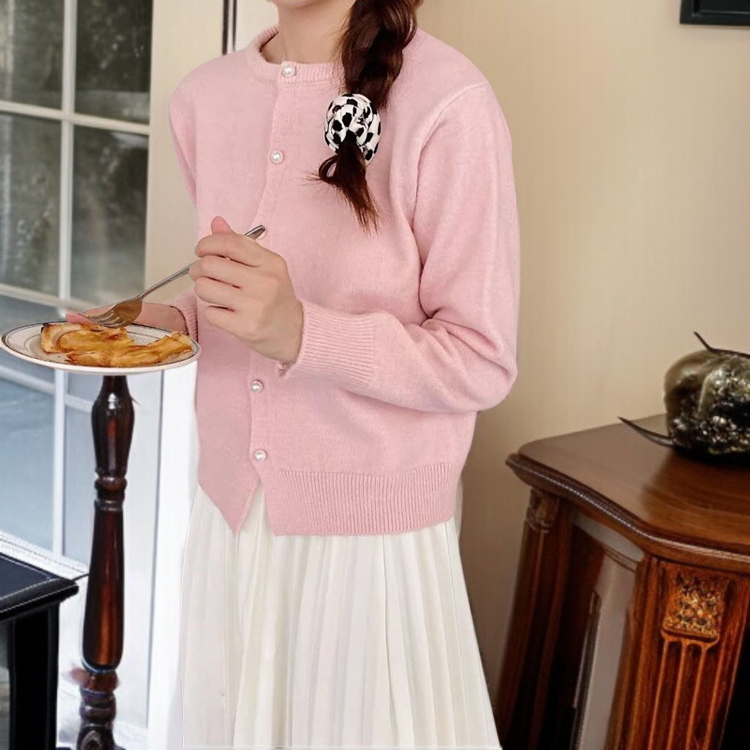 여성 니트 가디건 긴팔 솔리드 상의 진주 버클 여성 봄가을 라운드 니트 가디건 부드러운 니트 코트