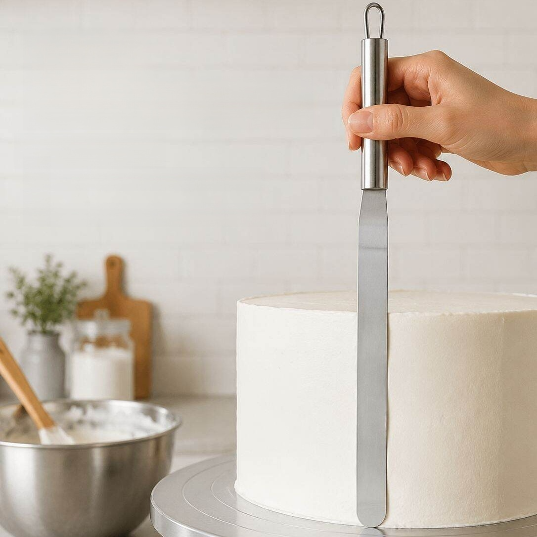 厚みのあるステンレス製のバタースパチュラ、ケーキデコレーションや表面を滑らかにするスクレーパー、直角のベーキングおよび型抜きツール。