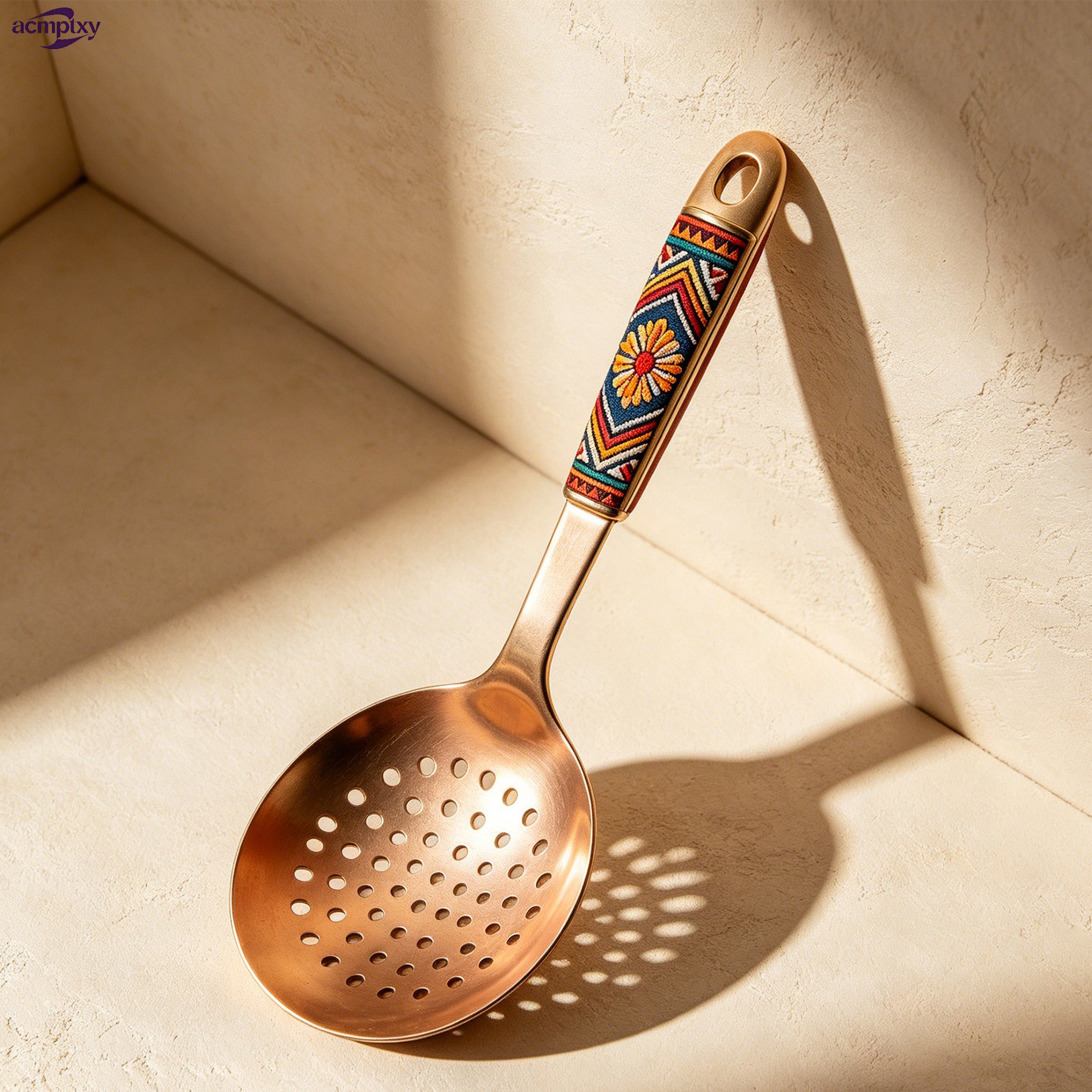 Cuchara coladora chapada en oro con diseño de bloques de color de estilo retro