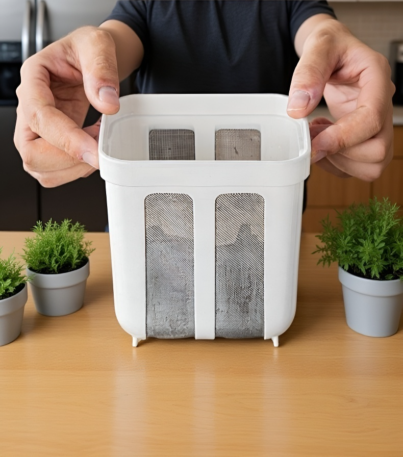 Yogurt strainer filtering process close-up