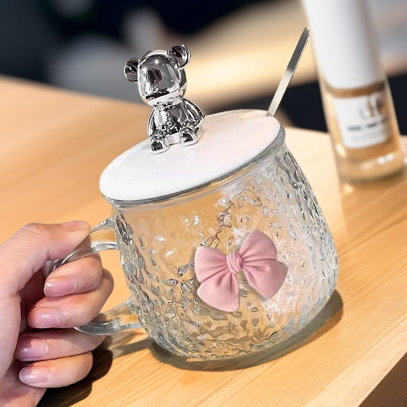 고급 곰돌이 머그컵 사무실 커피컵 물컵 유리 손잡이 꽃차컵