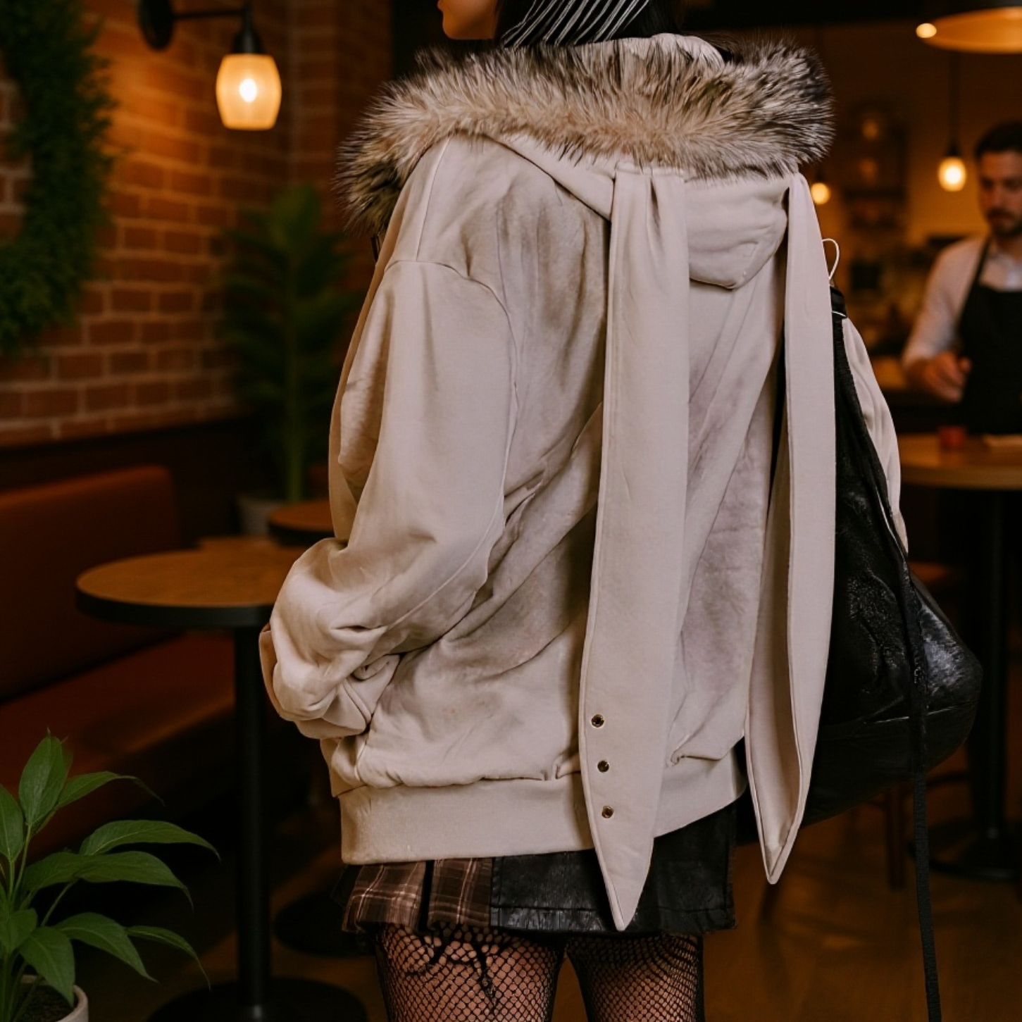 レトロアメリカン うさ耳フードパーカー 裏起毛 プリント入り レディースアウター 秋冬