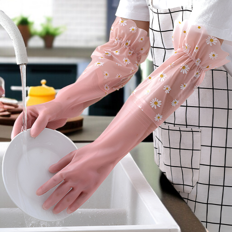 ゴム手袋 キッチン 食器洗い 手袋 ロング ラバーグローブ 皿洗い 厚手 女性用 長い 皿洗い用ゴム手袋 食器洗い手袋 炊事用ゴム手袋 キッチン用ゴム手袋 裏地付き 手荒れ防止 丈夫 フリーサイズ