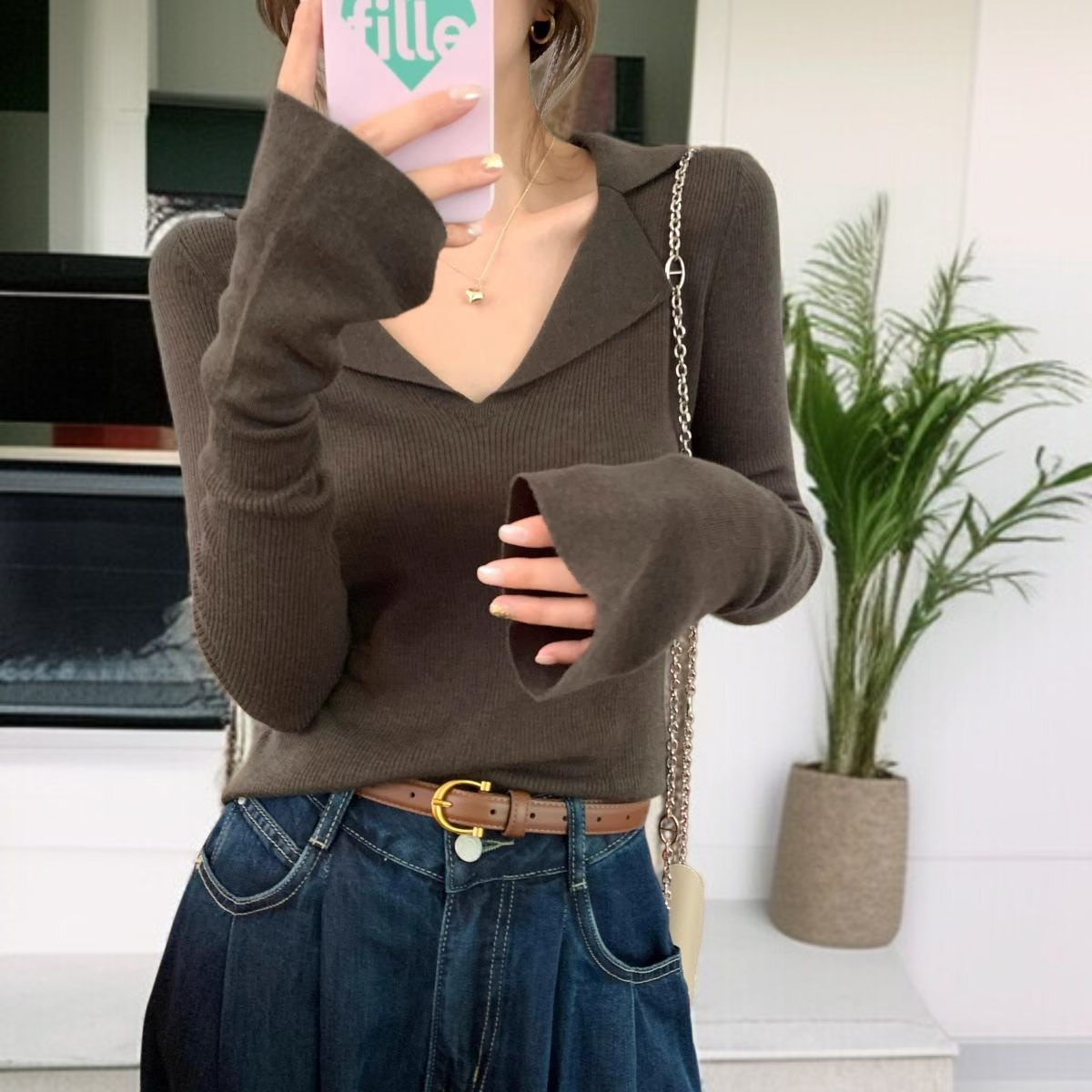 여자 추동 이너 쇄골 시크 긴팔 니트 브이넥 이너 톱