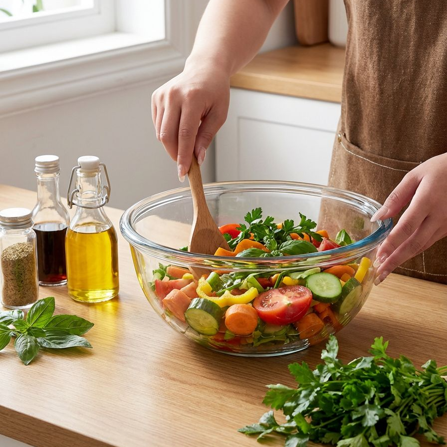 家庭用キッチンで活躍する深型ガラスボウル