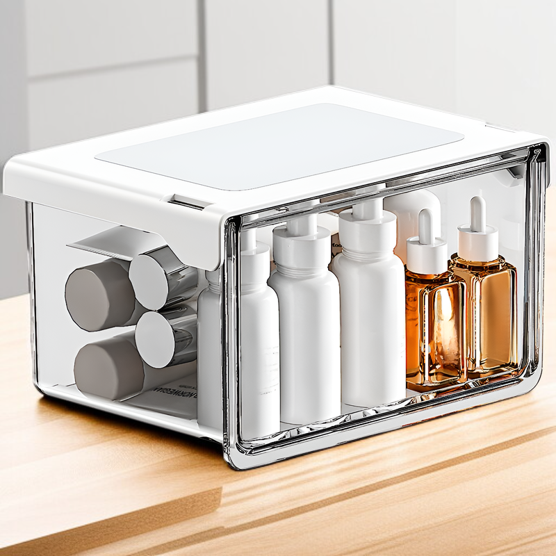 33°の傾斜角度で出し入れしやすいテーブル下収納ボックス。シンプルで透明な引き出し式で、オフィス、トイレ、洗面台、バスルームなどに最適な防水収納ボックスです。