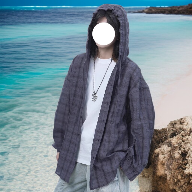 男性用グレーのフード付きチェック柄長袖シャツ、高級でハンサムな日焼け防止シャツ、ゆったりとしたゆったりとしたドレープのカジュアルジャケット