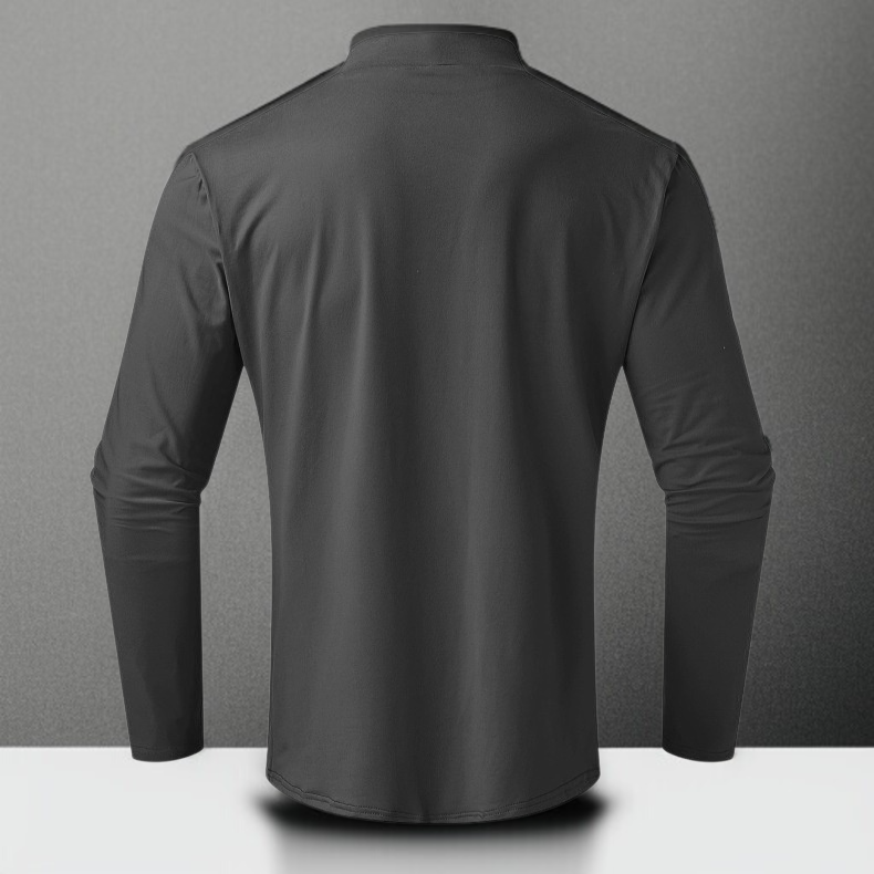 Close-up of high neck collar on men's base shirt