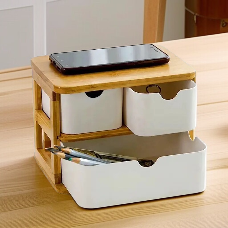 デスクトップ生分解性多層竹木製収納ボックス 引き出しデスクトップ竹繊維オーガナイザー 家庭用化粧品オーガナイザー