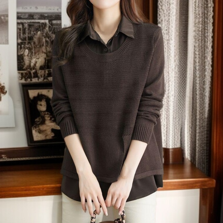 女士假兩件針織襯衫毛衣