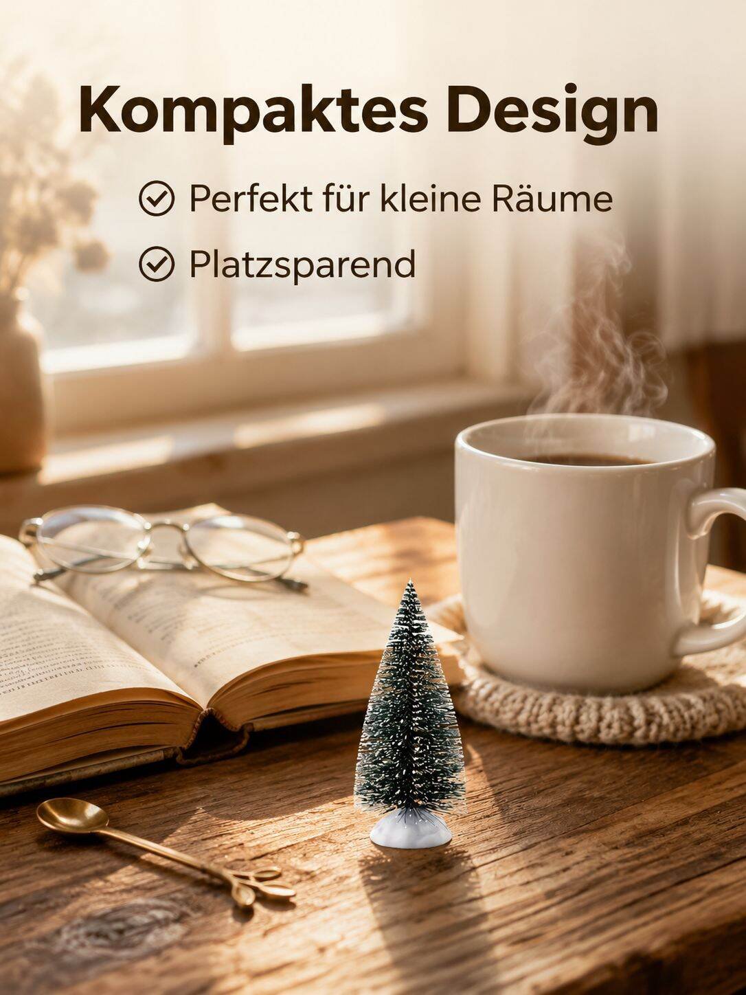 Mini-Weihnachtsbaum mit Kiefernnadeln und schneebedeckten Kiefern, ein kleiner grüner Weihnachtsbaum
