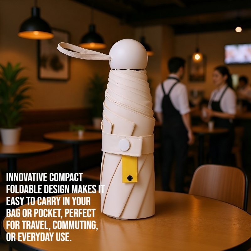 Compact foldable capsule umbrella suitable for both sunny and rainy days.