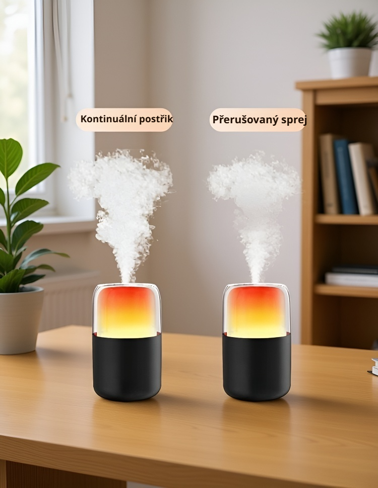 Zvlhčovač vzduchu s efektem plamene během provozu