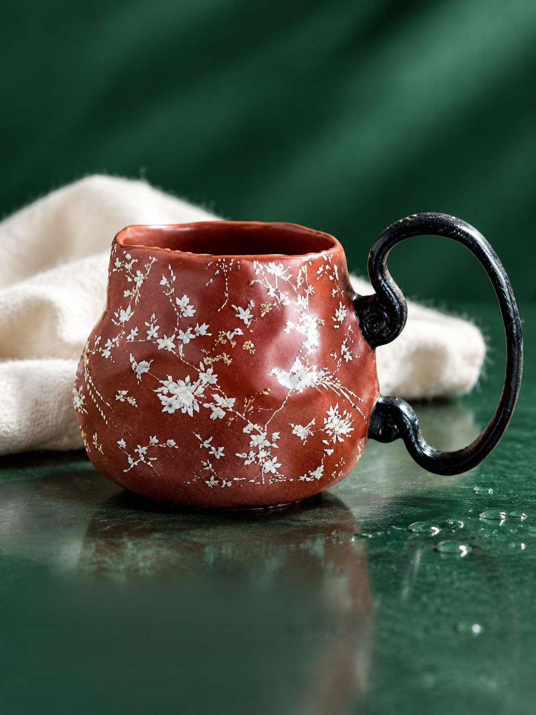 Vintage Ceramic Mug in a rustic setting with coffee beans