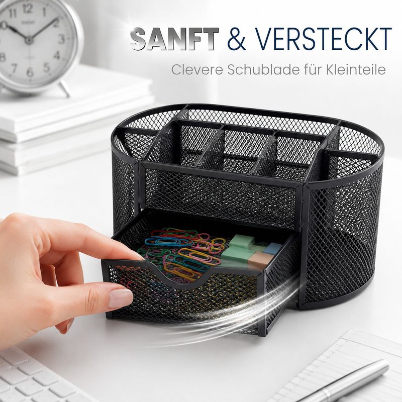 Metallgitter-Stifthalter mit neun Fächern, kombinierbare Schreibtischbox