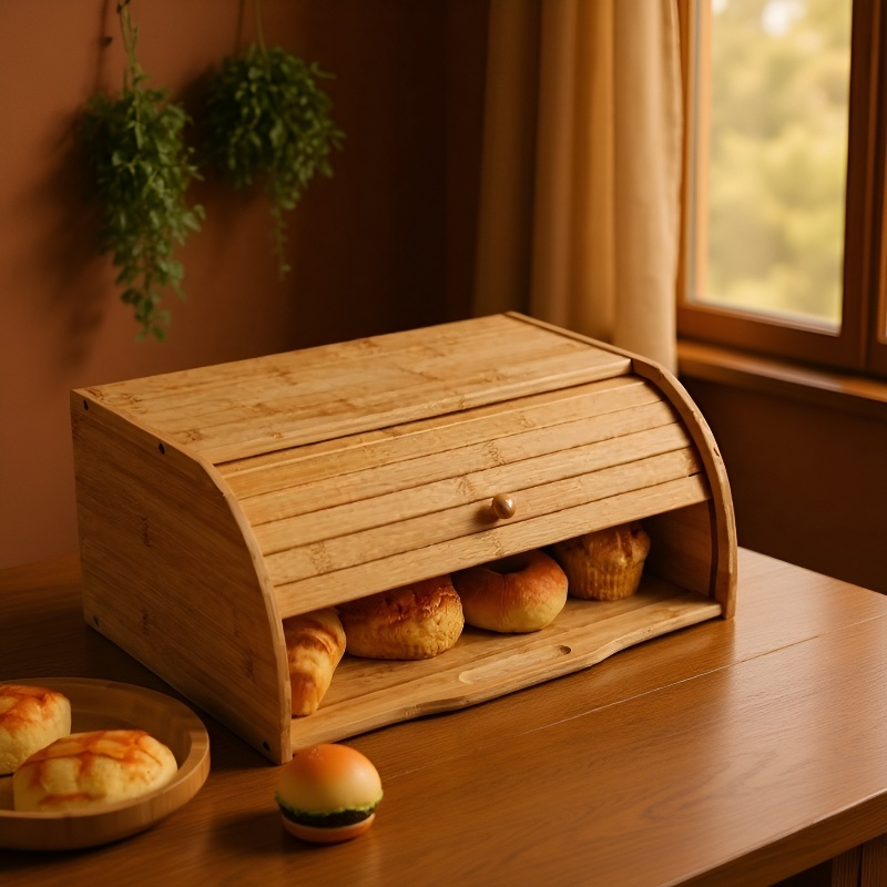 Mehrstöckige Bambus Brotdose aus Holz auf Küchentisch