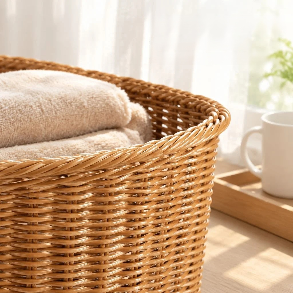 Close-up view of a durable corner storage basket on a wooden shelf.
