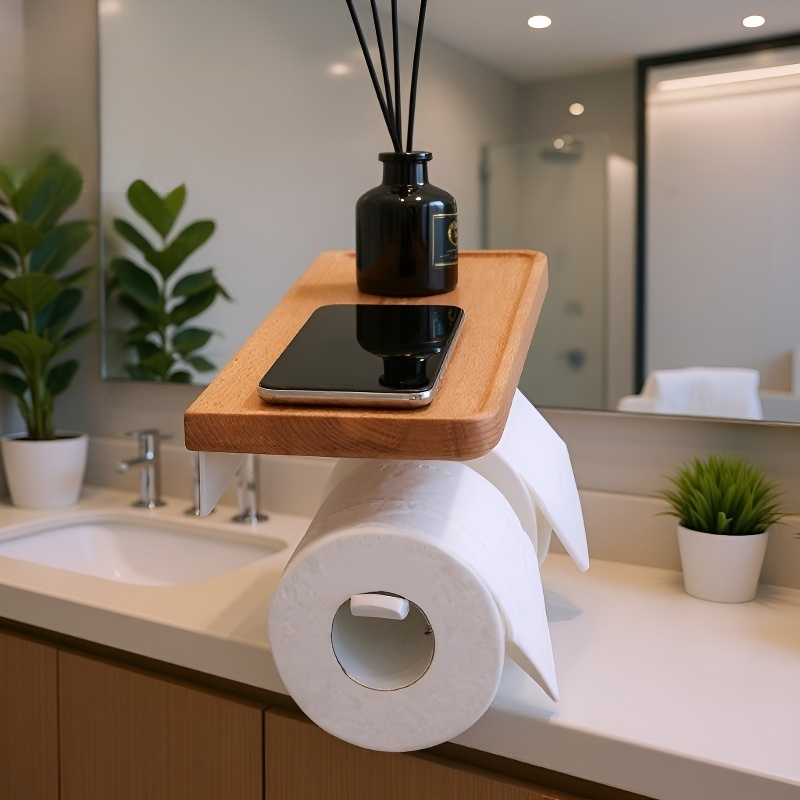 Soporte para papel higiénico de nogal con estante para móvil y almacenamiento para baño
