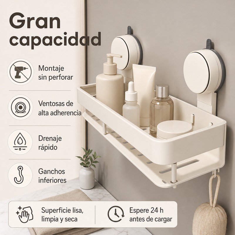 Estante de baño con ventosas, sin perforación