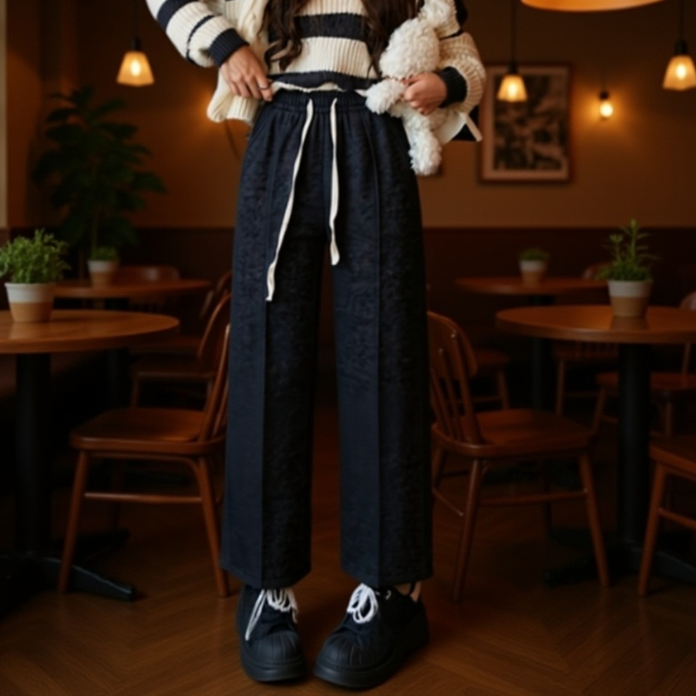 秋冬 ハイウエスト ストレートレッグ ウール パンツ（フリース裏地付き）
