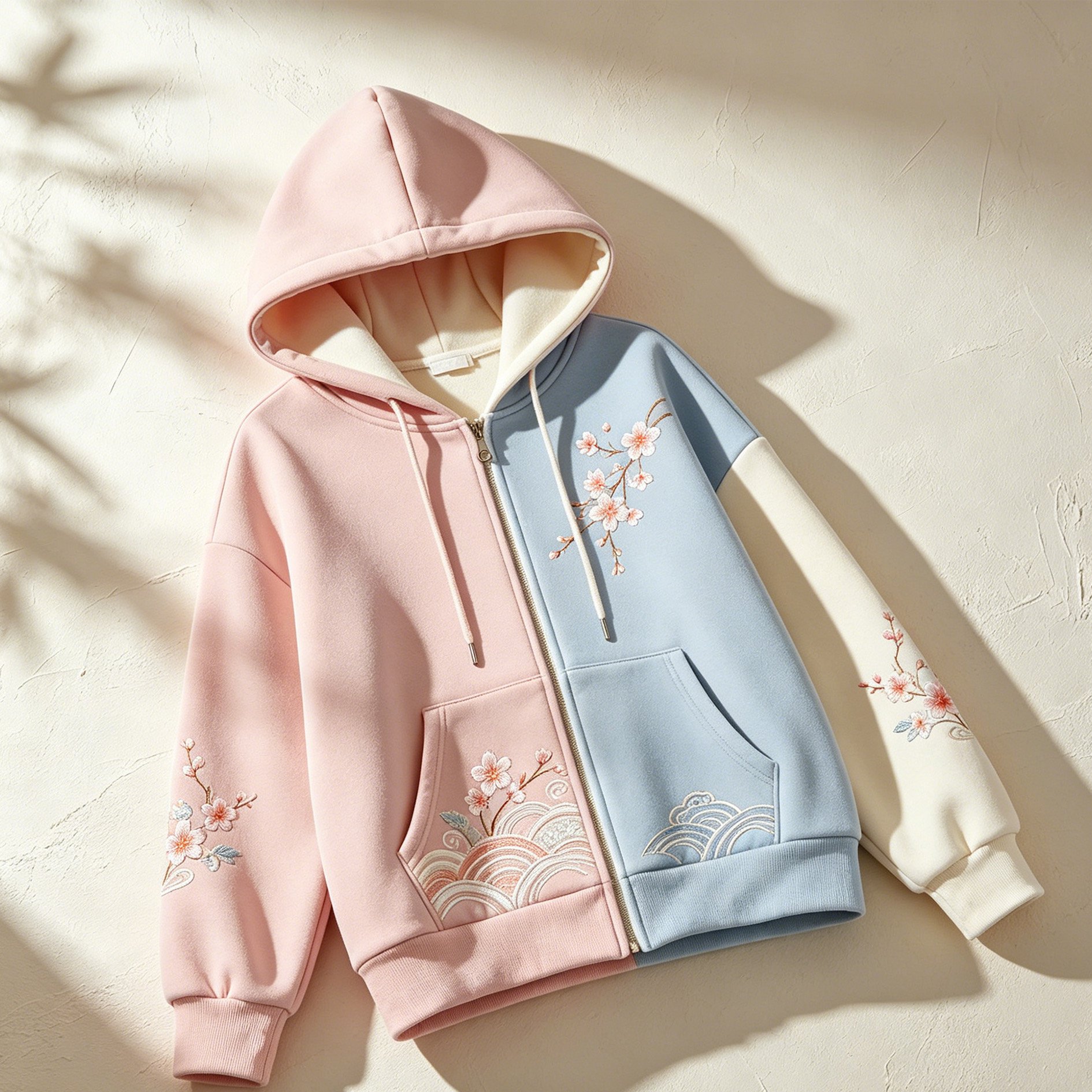 春のピンクとブルーの桜柄カーディガン