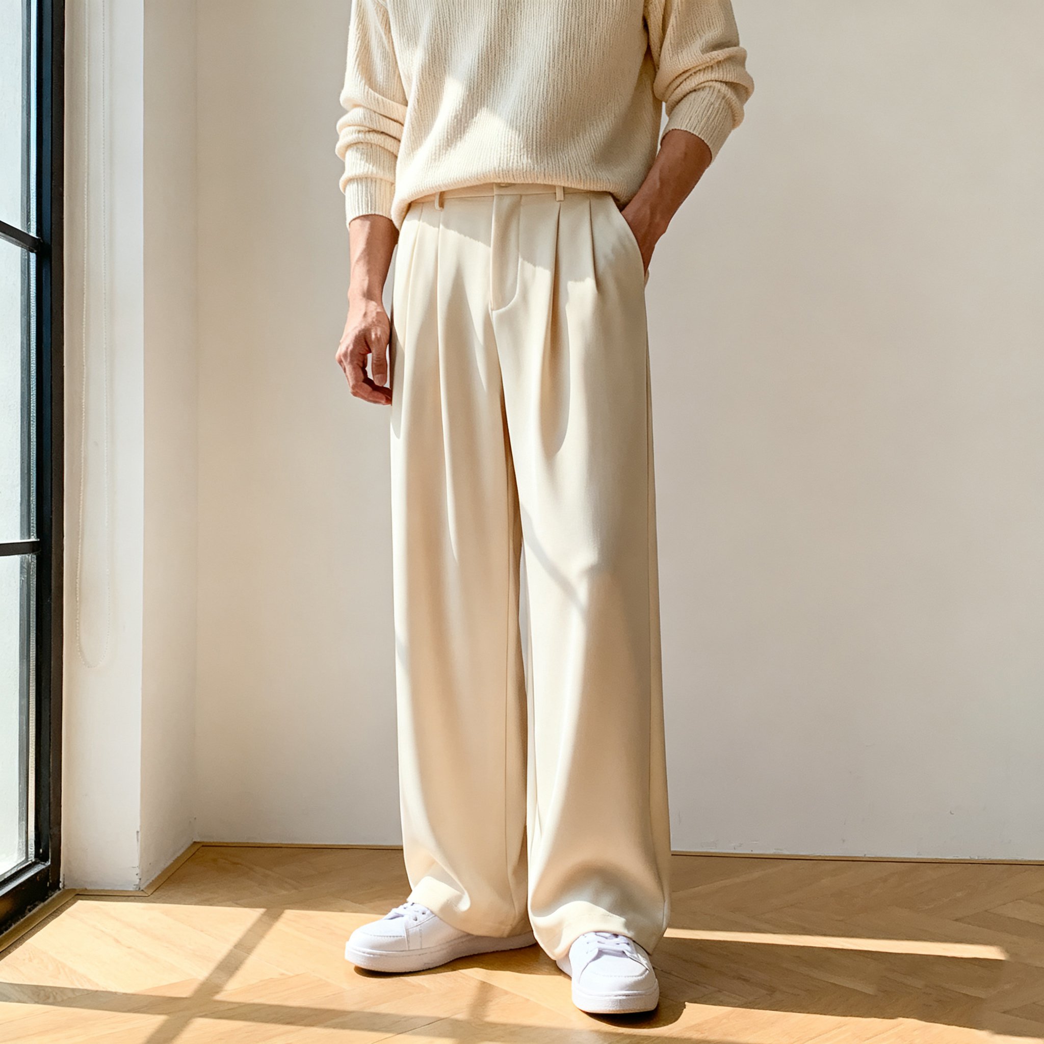  베이지 루즈핏 우아한 팬츠