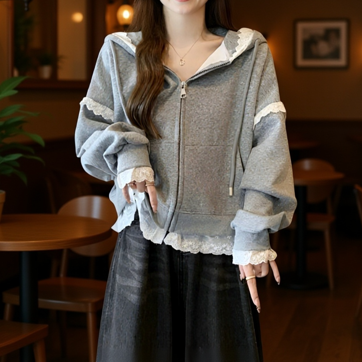 ヨーロッパ風レースフード付きパーカー・大きいサイズ・スリム効果・春秋新作