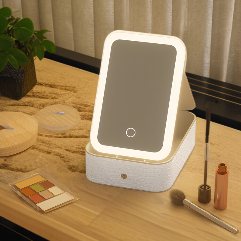 メイクボックス 鏡付き メイクボックス 持ち運び メイクケース 旅 ジュエリーボックス 小箱 ジュエリー LEDライト付き ミラー付き 宝石箱 持ち運び コンパクトPUレザー ジュエリー収納 アクセサ