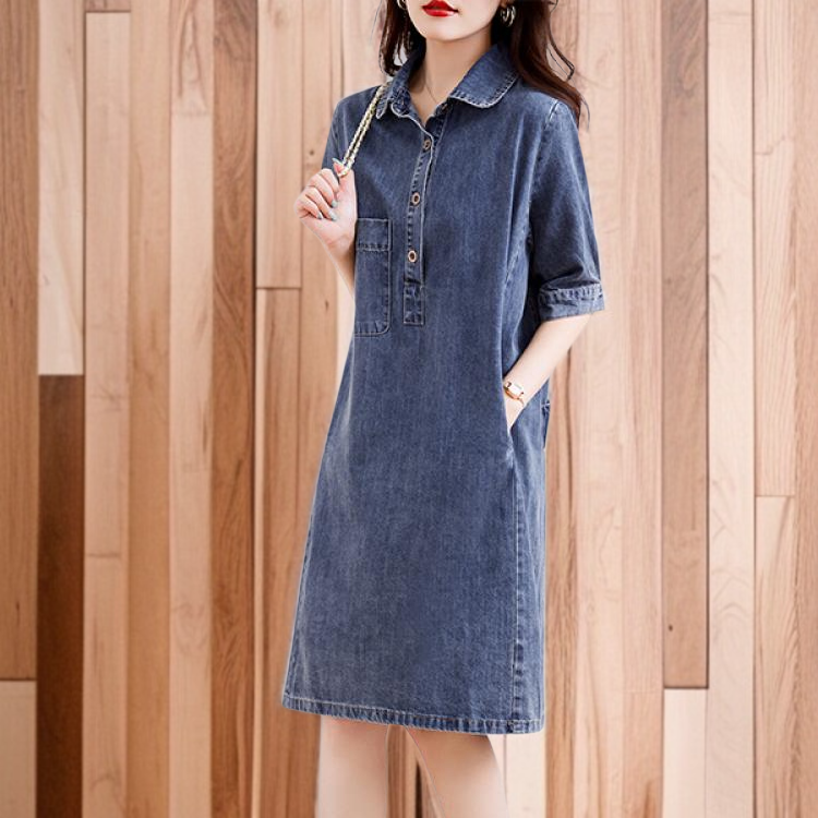 가랑이 데님 원피스 미디 스커트 빅사이즈 루즈 원피스 기질 셔츠 빈티지 원피스