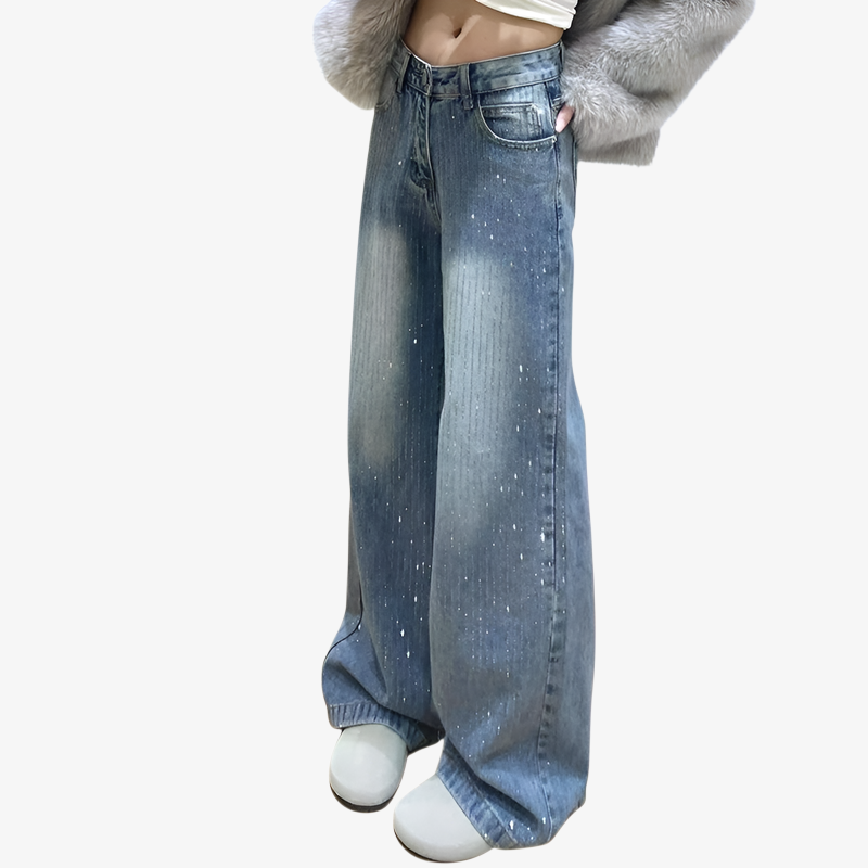 ミニマルでおしゃれなレディースハイウエストワイドジーンズ スリム見えフロア丈