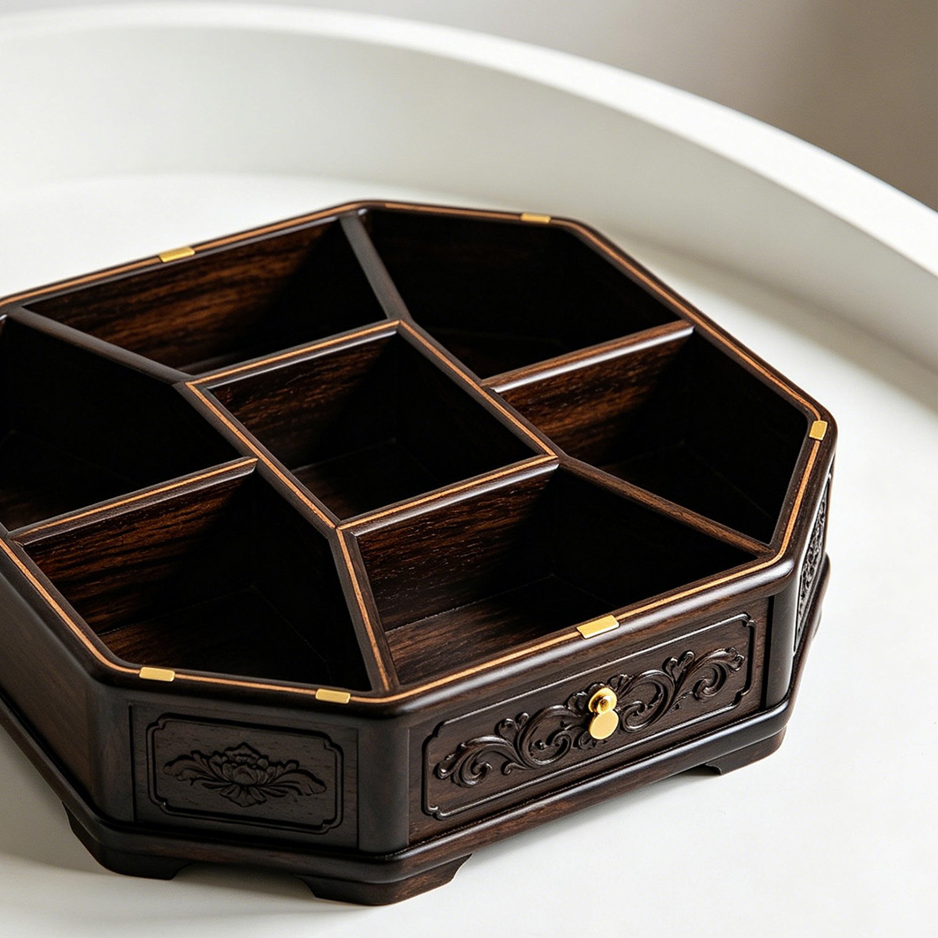 Elegante unterteilte Aufbewahrungsboxen aus Ebenholz für stilvolle Organisation