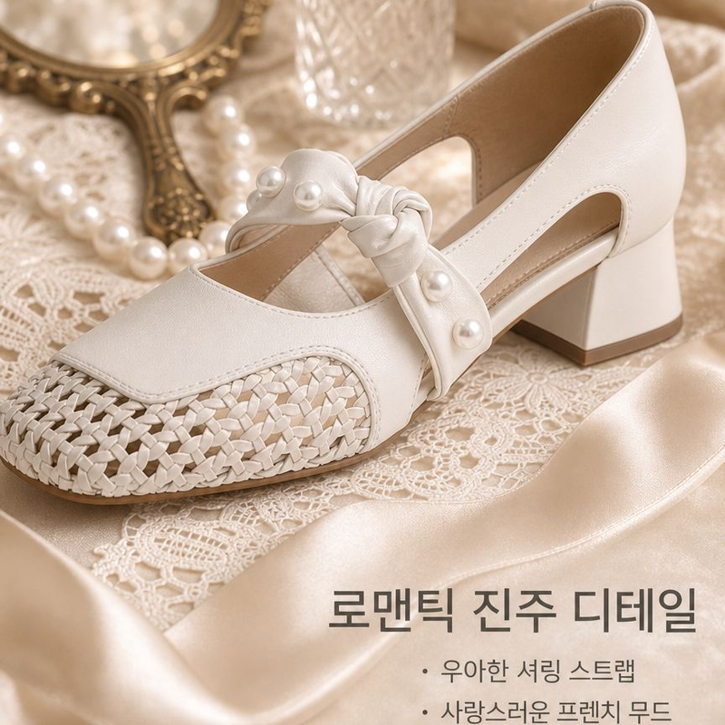 프렌치 위빙 진주장식 통굽 샌들