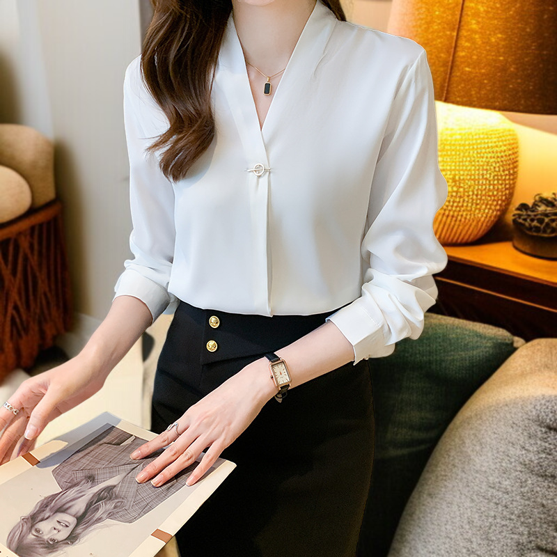여성 화이트 긴팔 작업복 브이넥 긴팔 셔츠 패션 기질 정장 화이트 셔츠 여