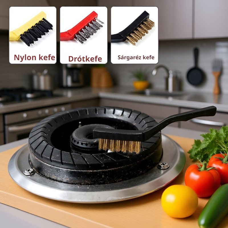 Hosszú nyelű, erős szennyeződést eltávolító gázrezsó tisztítókefe acél sörtékkel