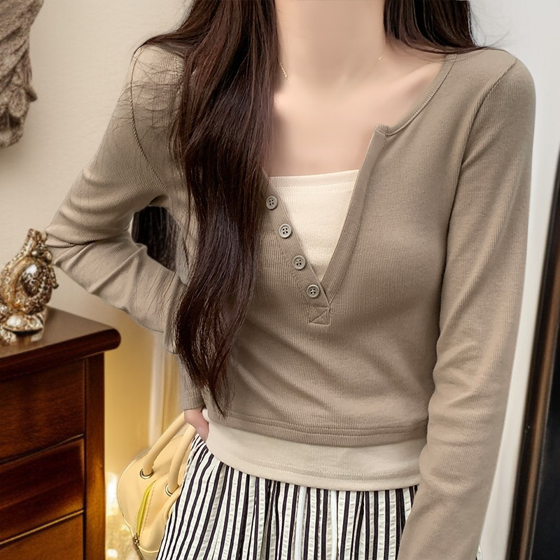 여성 페이크 투피스 슬림핏 긴팔 니트 쇼트 톱