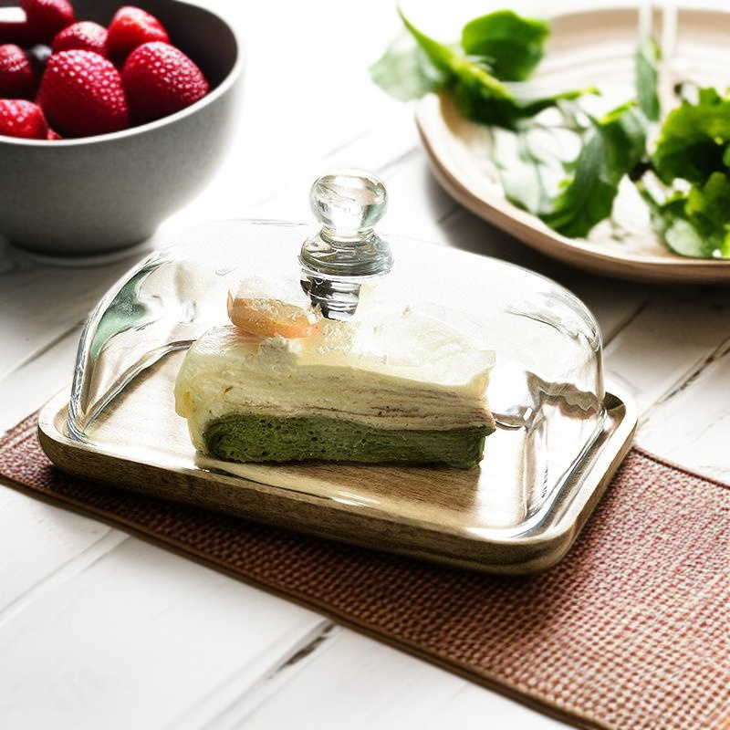 유리 덮개가 달린 목재 사각형 다과판