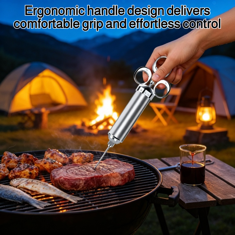 Flame stainless steel seasoning injector close-up