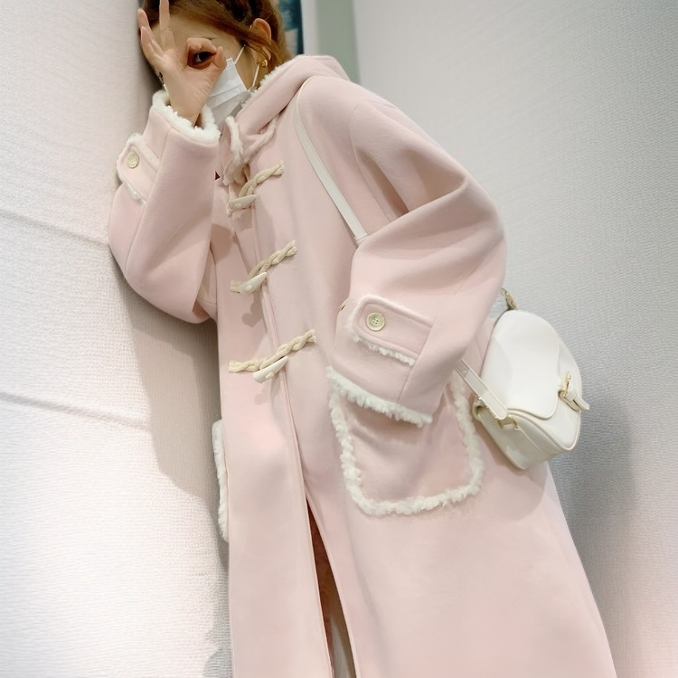 여성 모직 코트 겨울 스웨이드 핑크 롱코트