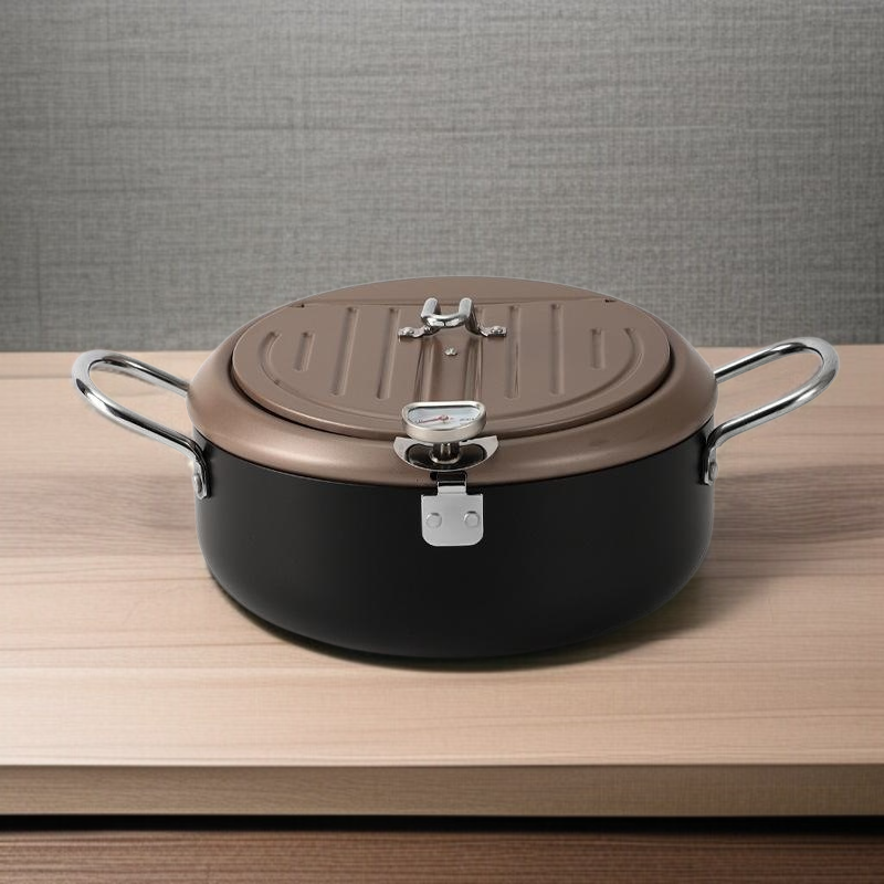 Japanese Iron Deep Fryer with Thermometer, Tempura Saver, Flip Cover Design
