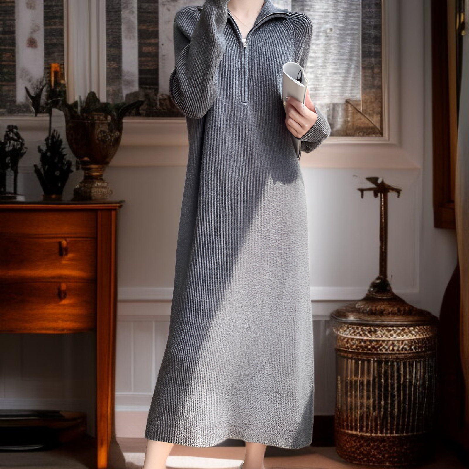 Brelia-jp】2025 Herbst/Winter Damen Strickkleid, Französisch, Schwarz, Midikleid mit Reißverschluss