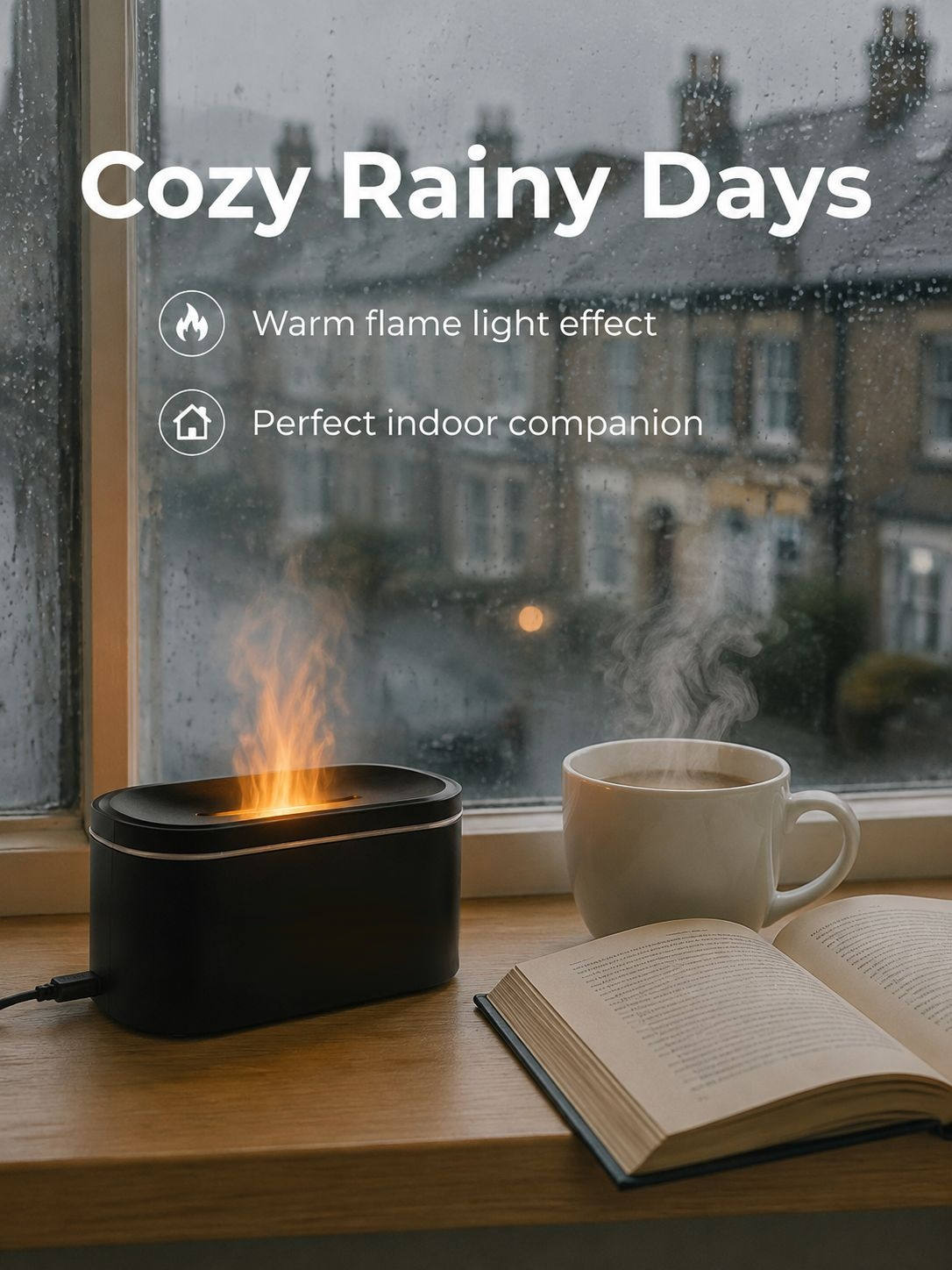 Colorful Flame Aroma Diffuser with USB connectivity on a wooden desk