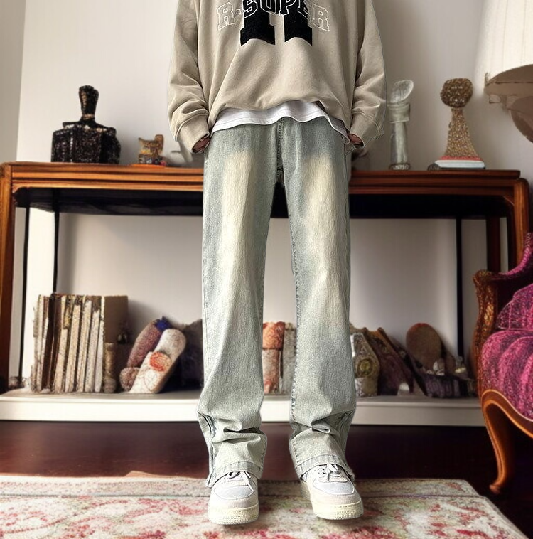 청바지 남자 일자핏 바지 부츠컷 지퍼 트임 워싱 데님 팬츠