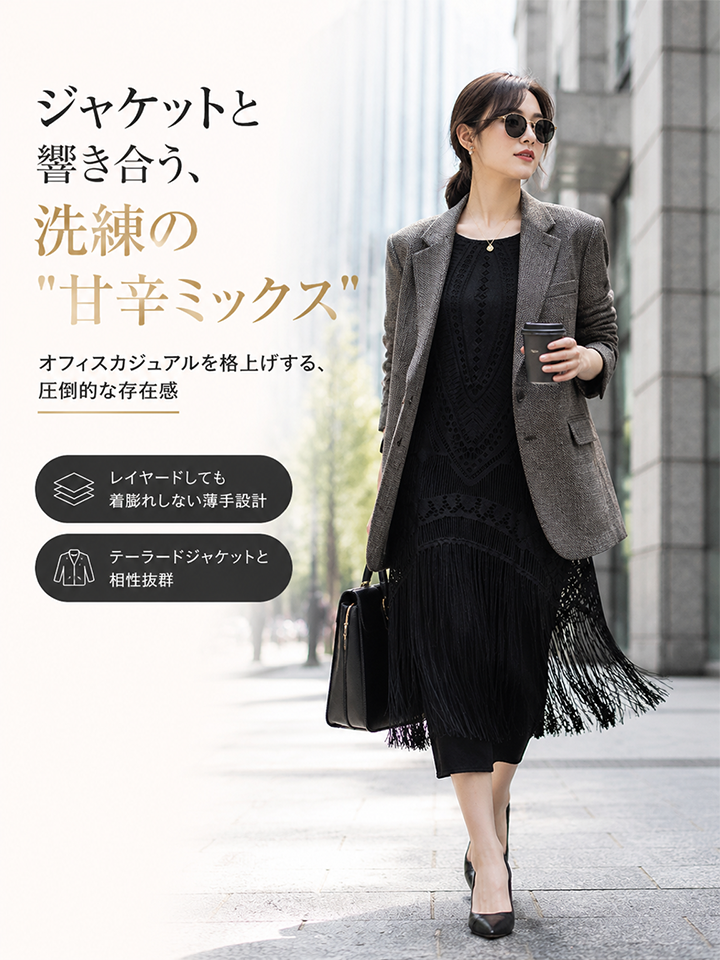 【2026秋新作】Monolly フリンジワンピース | 体型カバー・レイヤード風・上質感