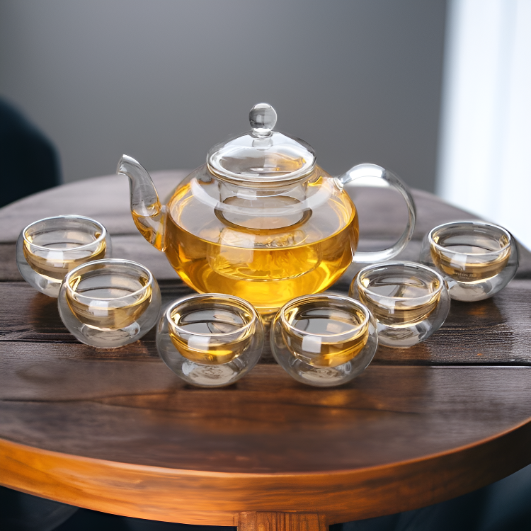 二重ガラスティーカップセット6点入り ギフト用に最適 ポットとカップすべて含む