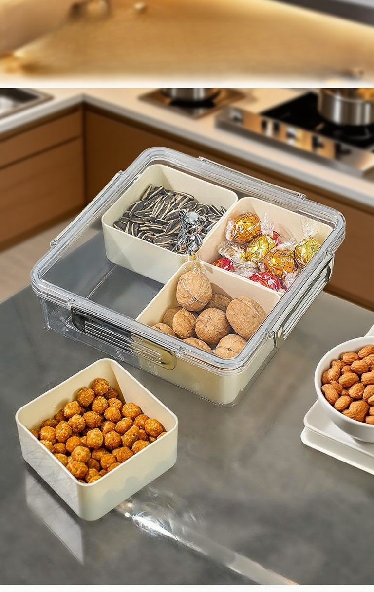 다양한 과일과 스낵을 담은 보관 상자