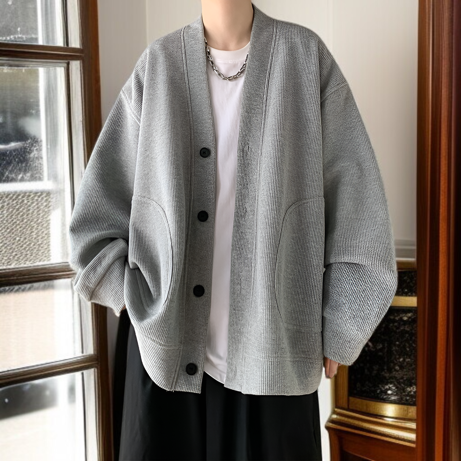 春と秋に着用する男性用のレイジースタイルのウールカーディガンジャケット、Vネックのアメリカンジャケットを備えた先進的な若々しいフードなしセーター