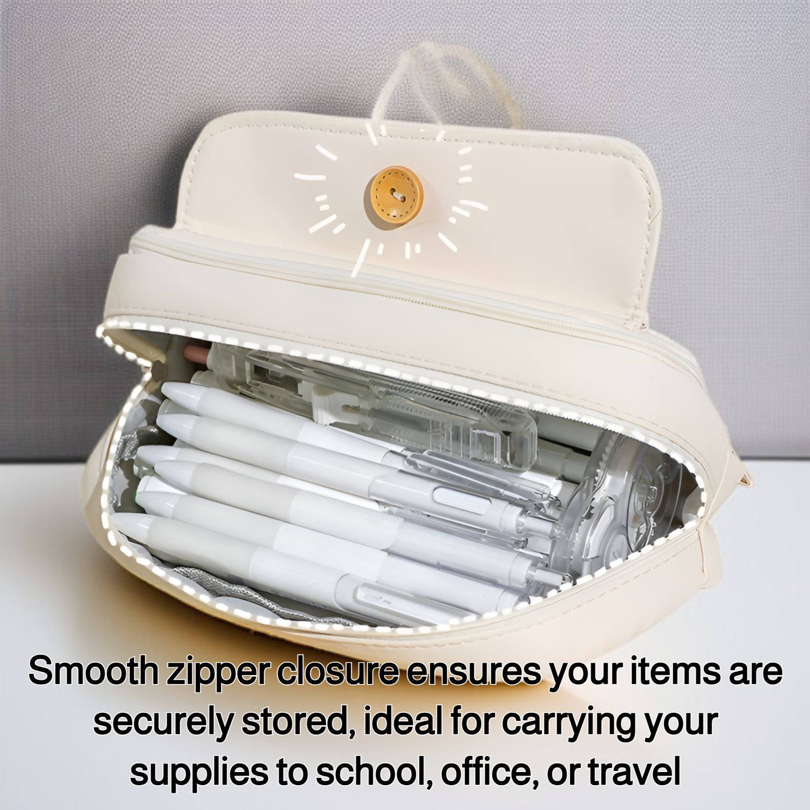 Spacious pencil case with stationery organized inside