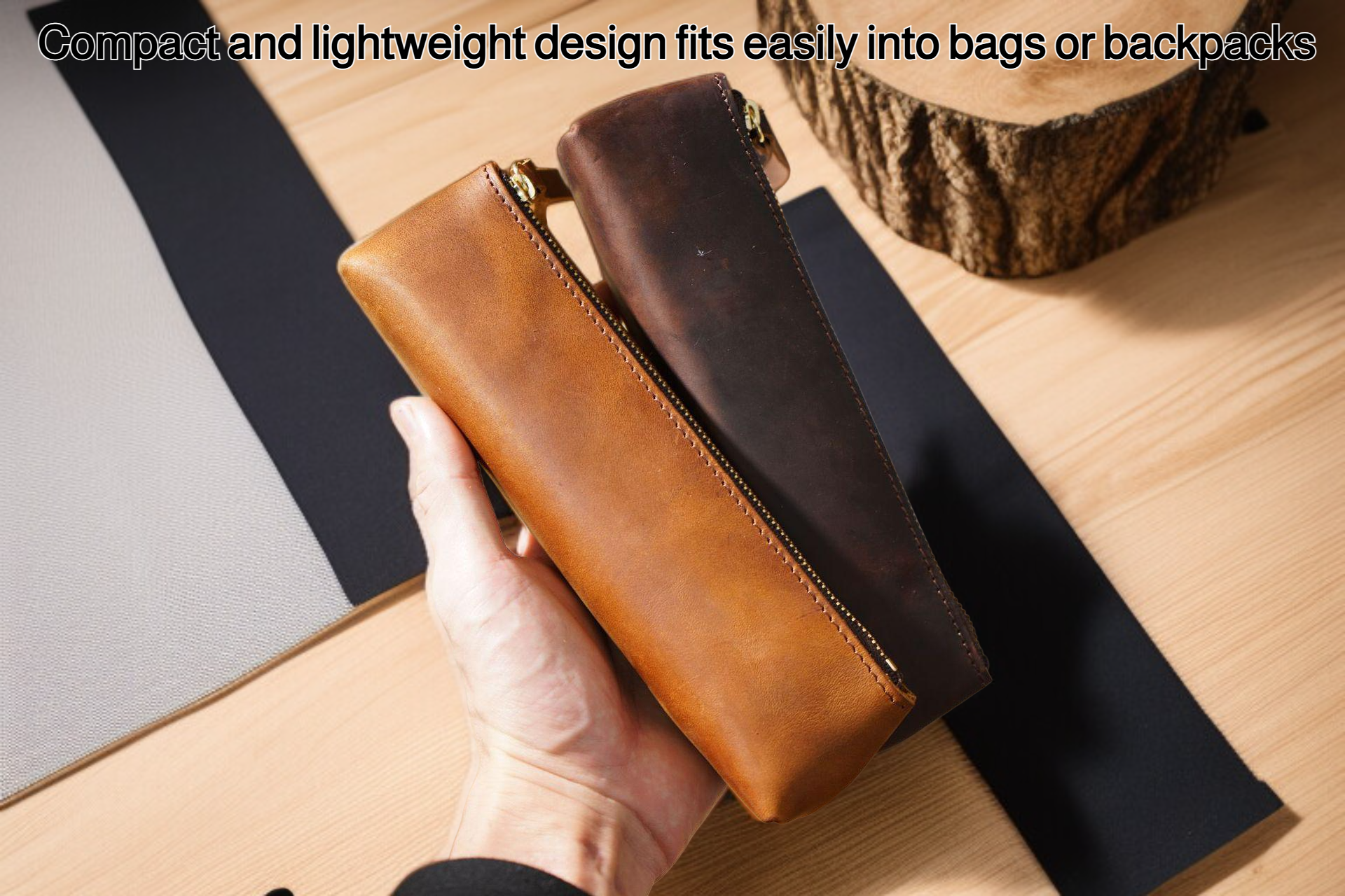 New retro crazy horse leather zipper pencil case front view