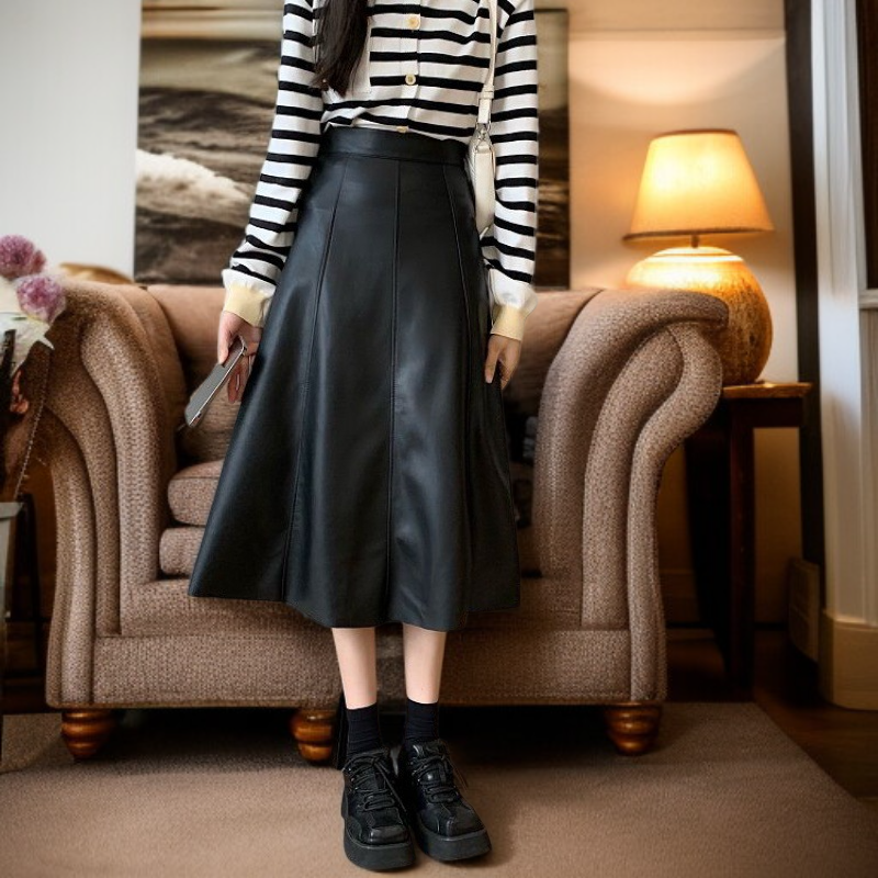 ミディアム丈PUレザースカート