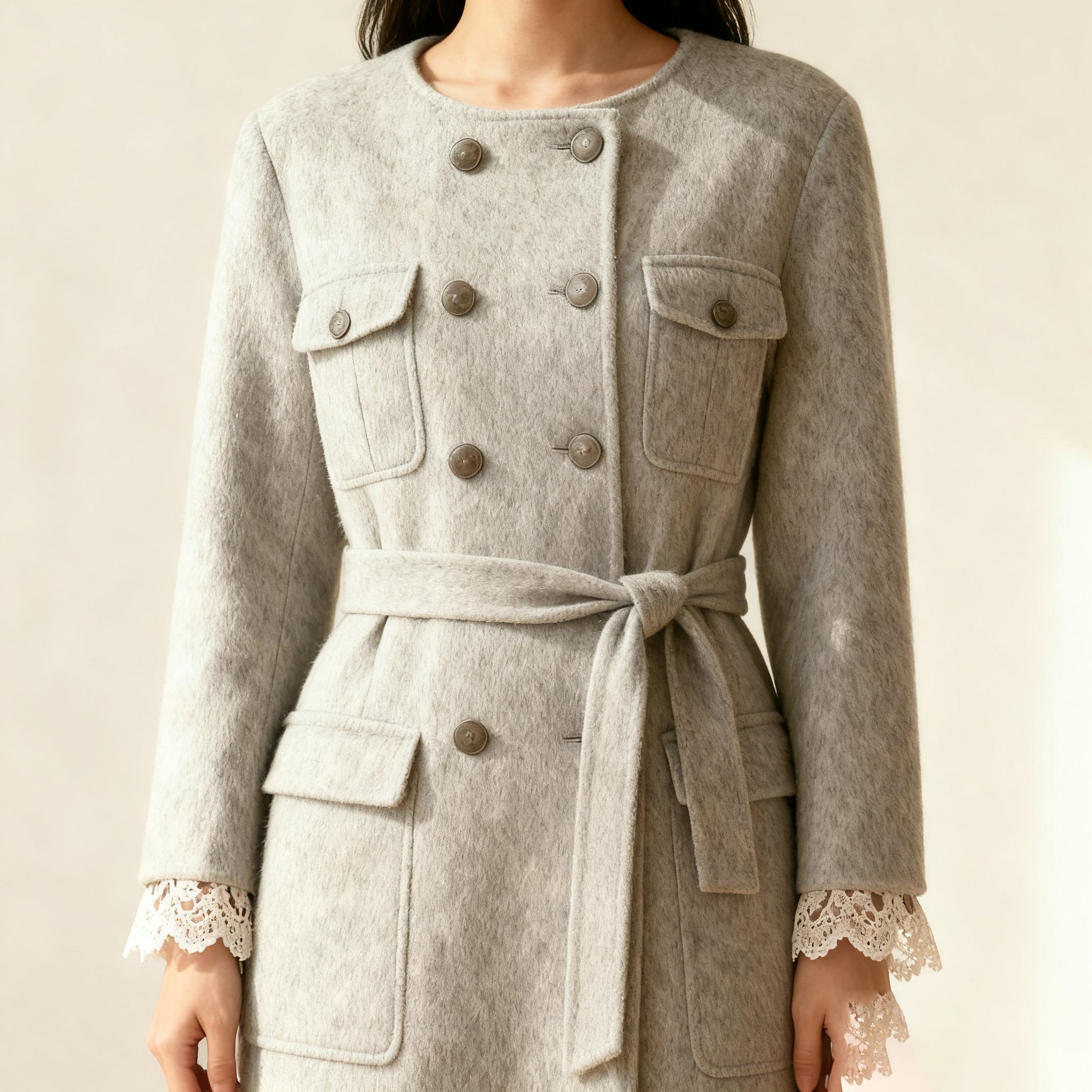 レース袖のウエストベルトコート